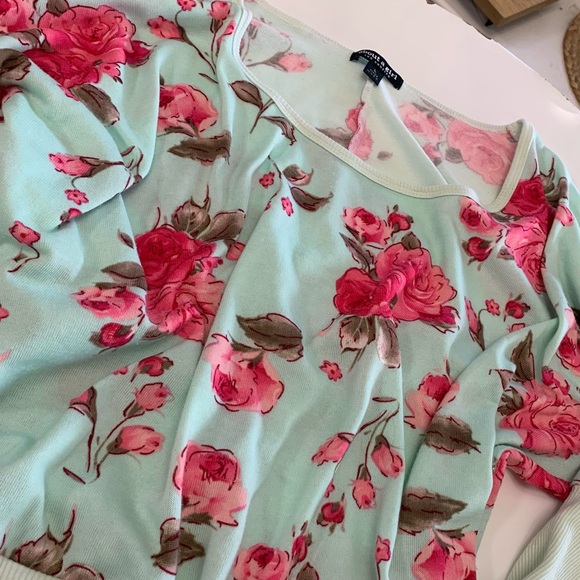 About A Girl Sweaters - Sea Foam Green & Roses Lightweight Knit Top